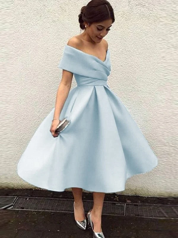 Unbeatable Prices A-Line/Princess Sleeveless Off-the-Shoulder Satin Ruffles Tea-Length Dresses