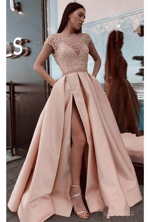 Timeless Elegance Redefined Prom Dresses A Line Stunning Satin Beads Cap Sleeves with High Slit Pockets