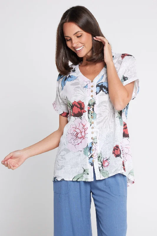 Stay Ahead In Style Gemma Linen & Cotton Top - White Floral