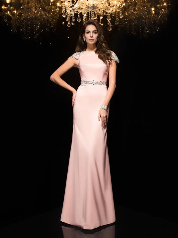 Bold Silhouette Sheath/Column Jewel Beading Short Sleeves Long Satin Dresses