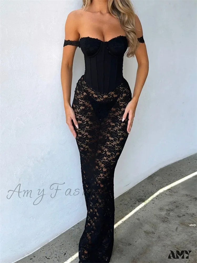 Stylish Spring Fashion Amy Fashion - Sexy Women Lace Party  Strapless Backless Patchwork See Through Black Slim Cocktail Vestidos  New