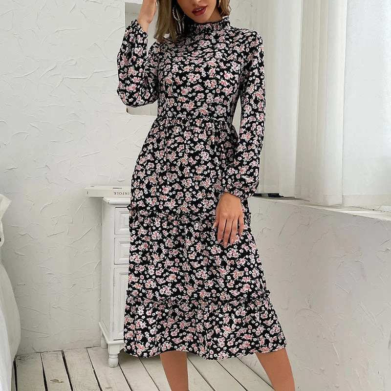 Exclusive Deals Online IKEARLAX 's   autumn women's clothing medium and long floral skirt semi-turtleneck pleated printed long-sleeved dress