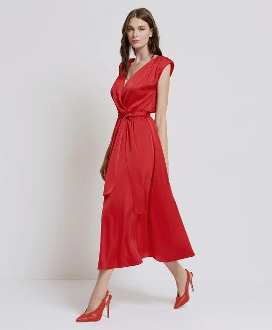 Style Breakthroughs Access Fashion Red Satin Dress With Tie Belt