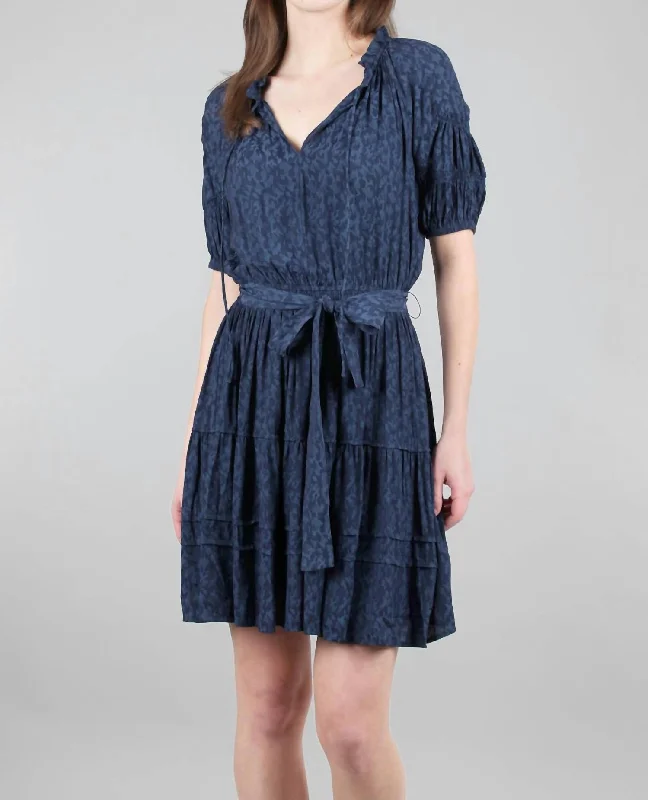 Cottagecore Rustic Charm Style Split-Neck Mini Dress In Navy