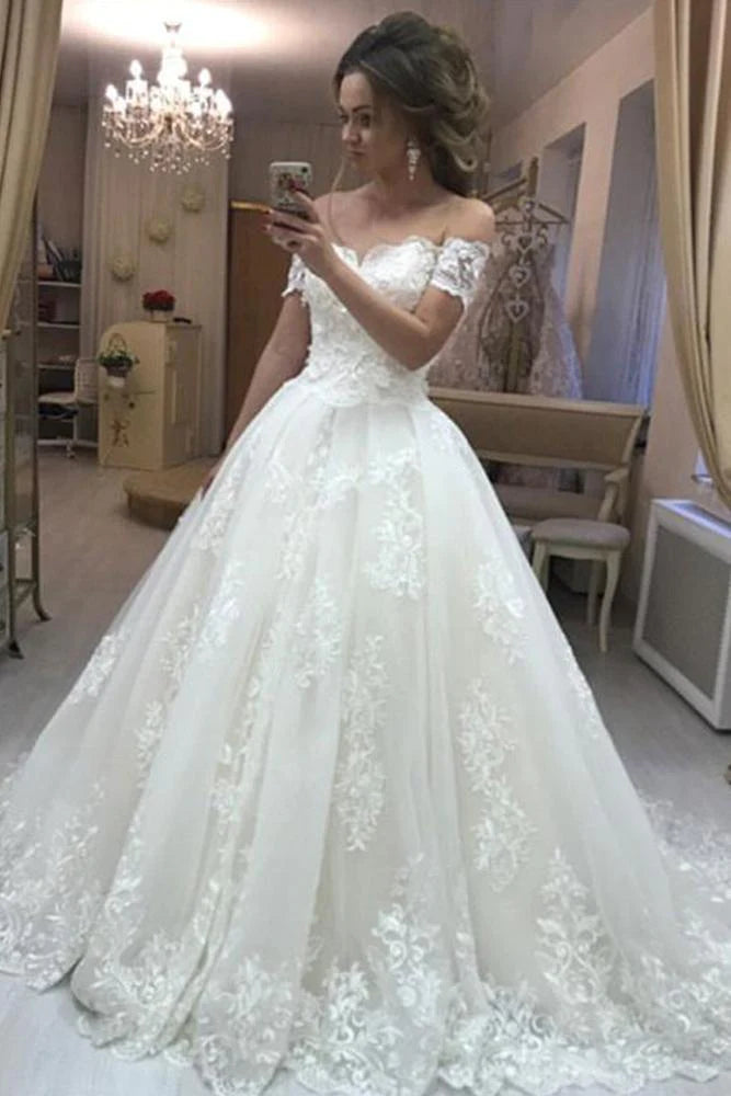 Don'T Miss Out Gorgeous Ball Gown Off the Shoulder Sweetheart Open Back Tulle Lace Wedding Dresses