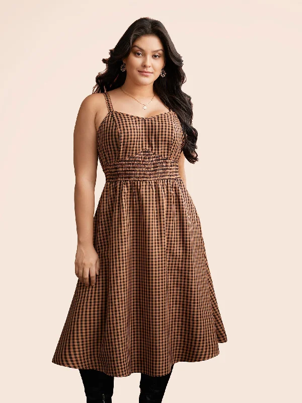 Latest Fashion Cami Pumpkin Color Grid Waist Midi Dress