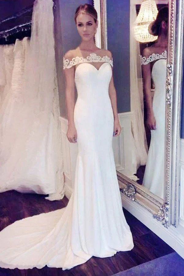 Limited Time Flash Sale Elegant Off the shoulder Mermaid Long White Wedding Dress with Train