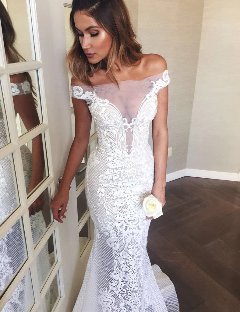 Stylish Looks Mermaid Off-the-Shoulder Sweep Train Lace Wedding Dress Wedding Dresses