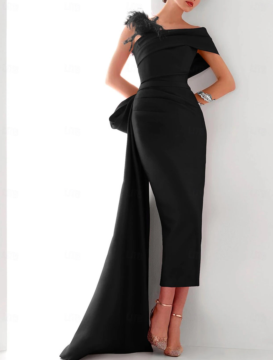 Trendy Pulse Gown Elegant Formal Sweep / Brush Train Sleeveless One Shoulder Satin with Feather Bow(s) Evening Dress