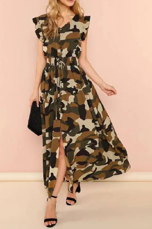 Huge Savings On Parisian Styles Camouflage Unique Ruffles Single Breasted A-Line Maxi Dress