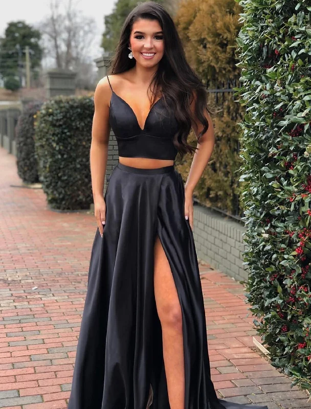 Chic Style, Always In Vogue Two Piece A-Line Prom Dresses Minimalist Dress Party Wear Sweep / Brush Train Sleeveless V Neck Satin with Pleats Slit