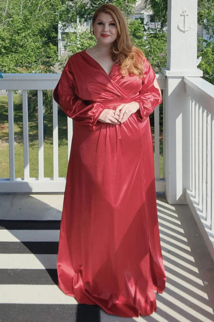 Seasonal Fashion Plus Size Prom Dress Long Sleeve Satin V Neck With Split