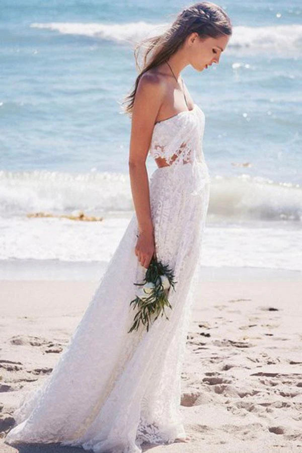 Your Timeless Wardrobe Awaits A-Line White Sweetheart Strapless Lace Long Beach Open Back Wedding Dresses