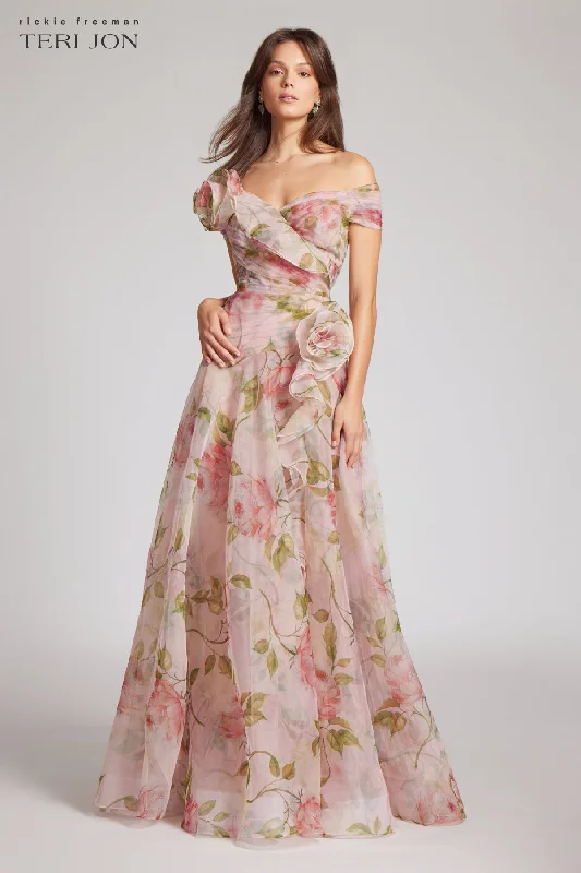 Redefining Women's Fashion Off the Shoulder Organza Floral Gown