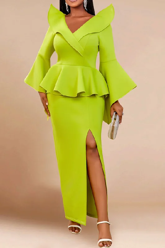 Get The Latest Trends Solid Color Bell Sleeve Glamorous Peplum High Split Maxi Dress