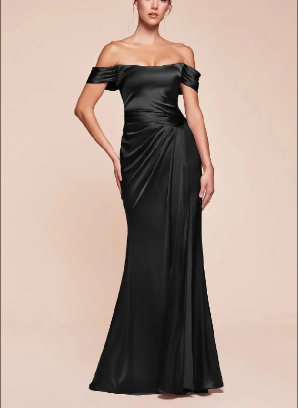 Cutting Edge Fashion Evening Dress Fitted Luxe Satin Gown Sweetheart Off The Shoulder Gathered Hipline Leg Slit Back Lace-up Corset Black Formal Dress