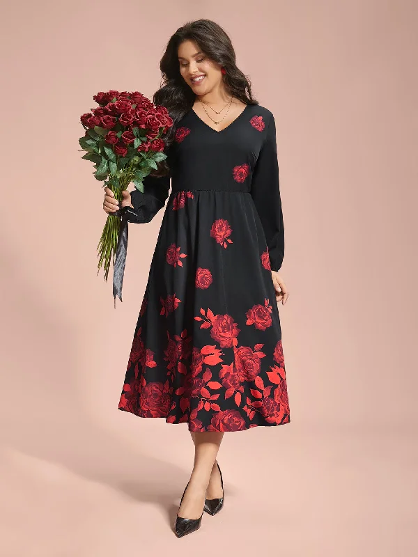 Shop Sale Items Rose Print Waist-Cinched Midi Dress