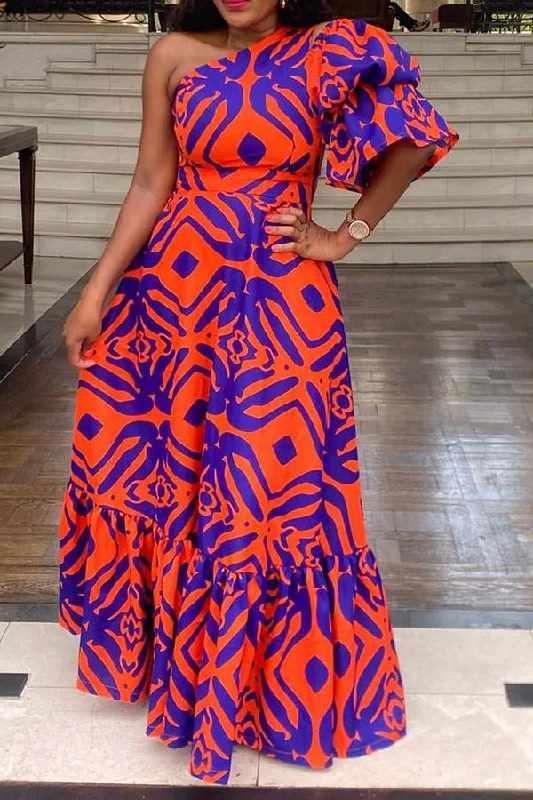 Elegant Style Graphic Print One Shoulder Puff Sleeve Unique Swing Maxi Dress