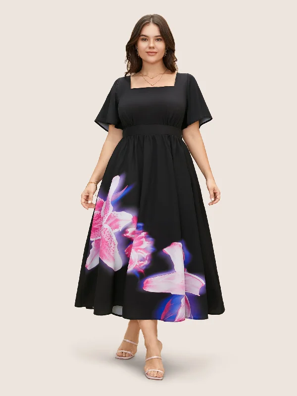 Feminine Soft - Hued Styles Lily Print Square Neck Ruffle Sleeve Midi Dress