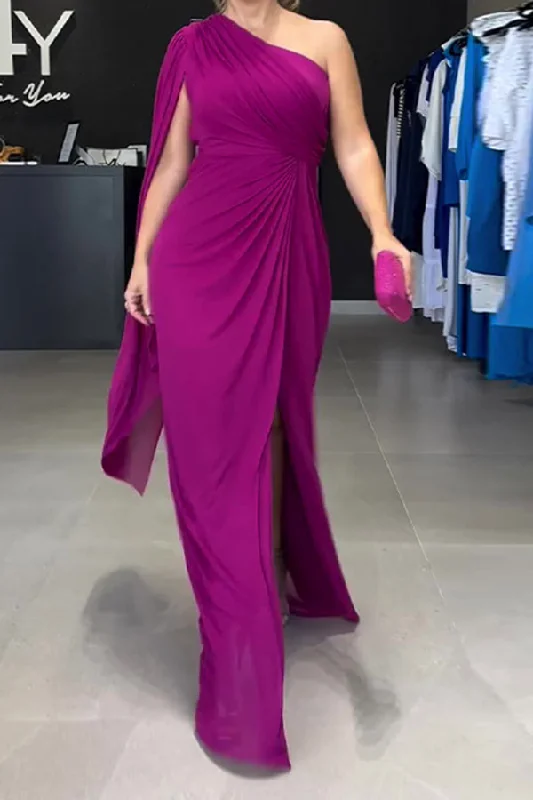 New Season Fashion Preview Sale Solid Color One Shoulder Romantic High Split Maxi Dress