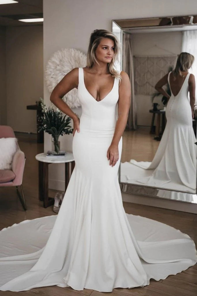 Trend Setting Wardrobe Chic V Neck Mermaid Wedding Dresses Ivory Satin Long Cheap Beach Wedding Gowns