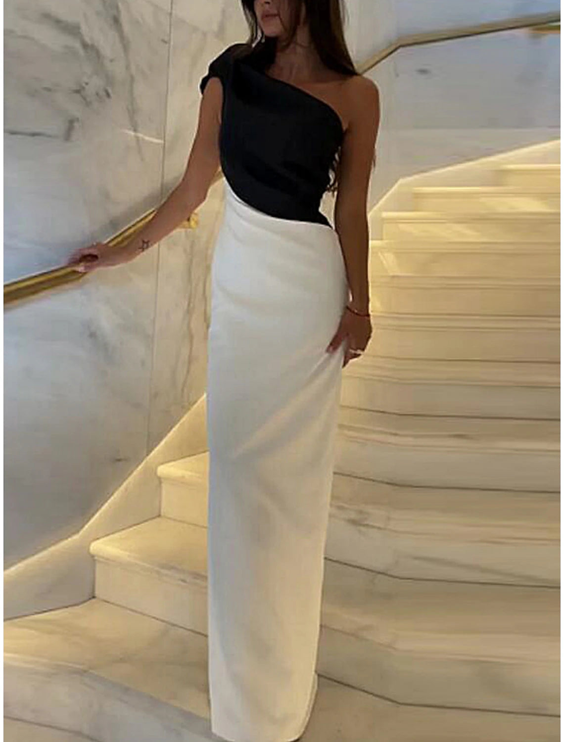 Bold Fashion Sheath Black Dress Evening Gown Elegant Dress Formal Floor Length Sleeveless One Shoulder Satin with Flower