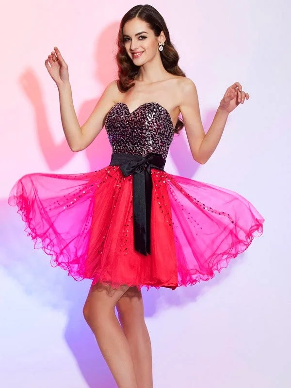 Stay Ahead In Style A-Line/Princess Sweetheart Sleeveless Sash/Ribbon/Belt Short Organza Homecoming Dresses