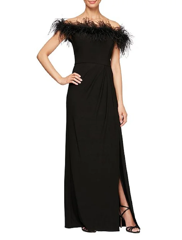 Elegant Attire Sheath / Column Elegant Formal Evening Dress Off Shoulder Short Sleeve Floor Length Stretch Satin with Feathers / Fur Draping