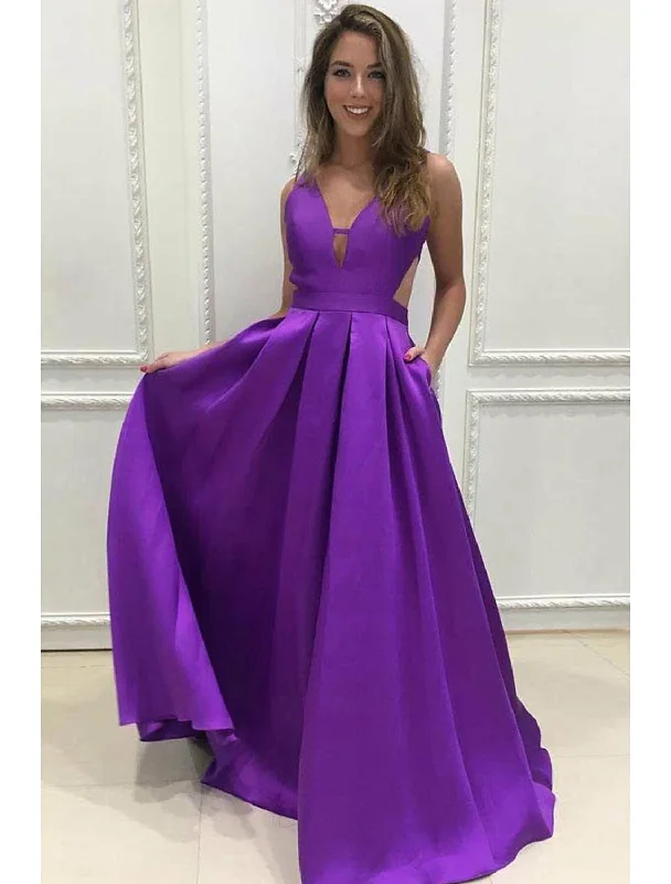 Flowing Silhouette A-Line Prom Dresses Minimalist Dress Formal Prom Floor Length Sleeveless V Neck Pocket Stretch Satin Backless V Back with Pleats Pocket