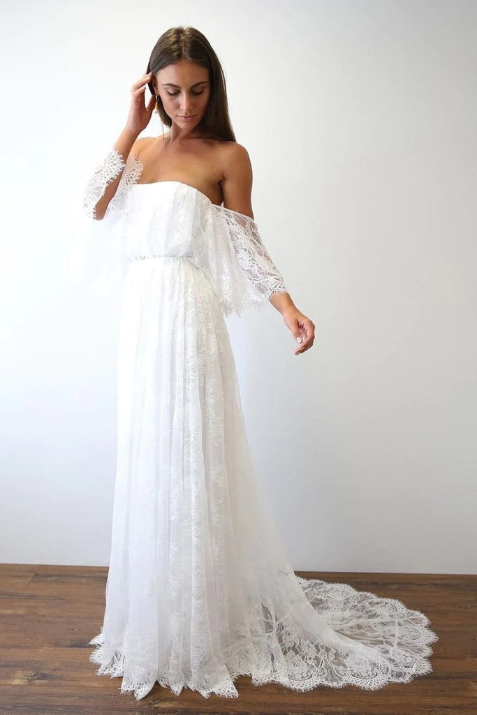 Limited Stock, Big Discounts Beach Wedding Dresses Half Sleeve Off the Shoulder Lace Sexy Simple Boho Bridal Gowns