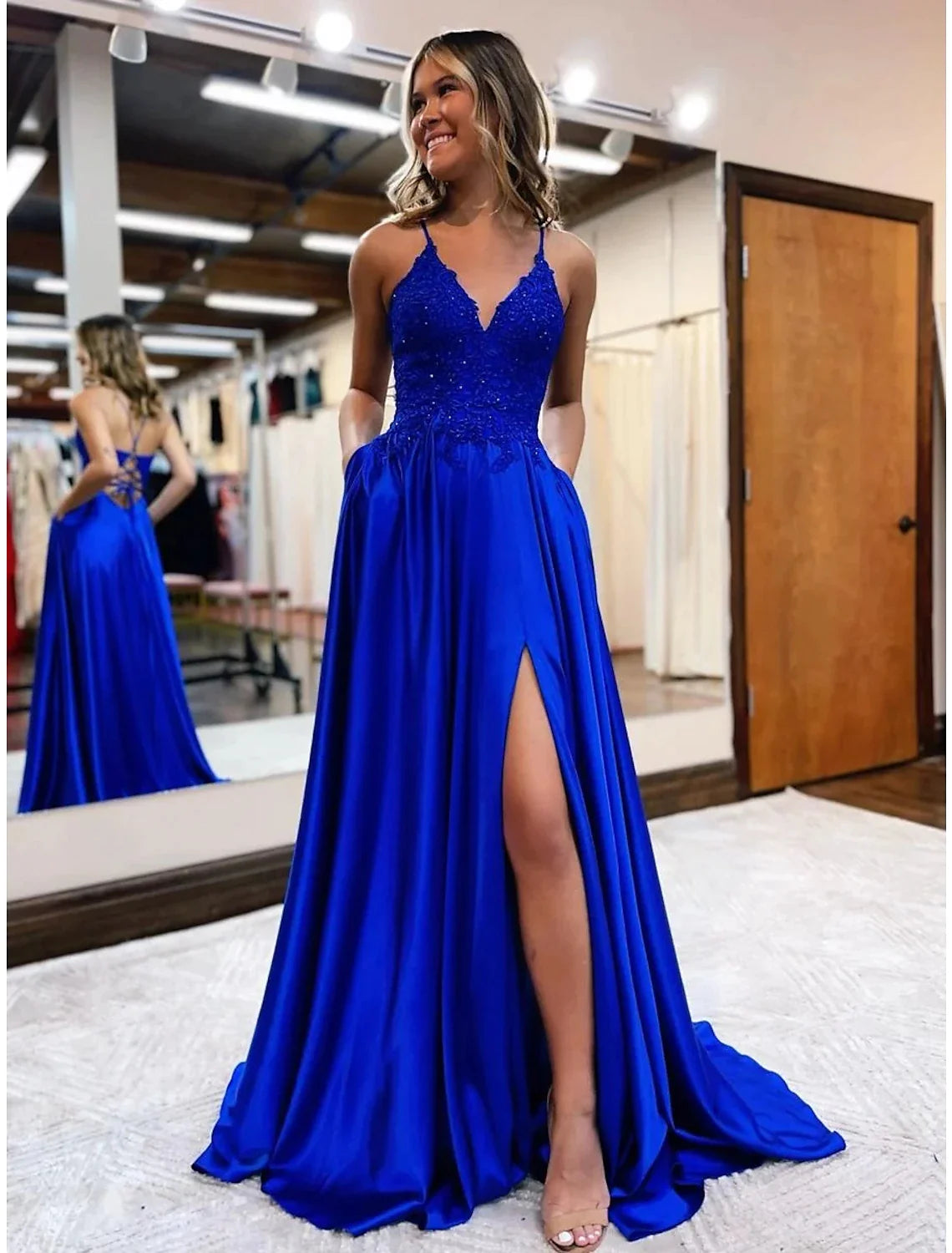 Enjoy Discount A-Line Prom Dresses Empire Dress Formal Court Train Sleeveless V Neck Satin Backless with Beading Appliques