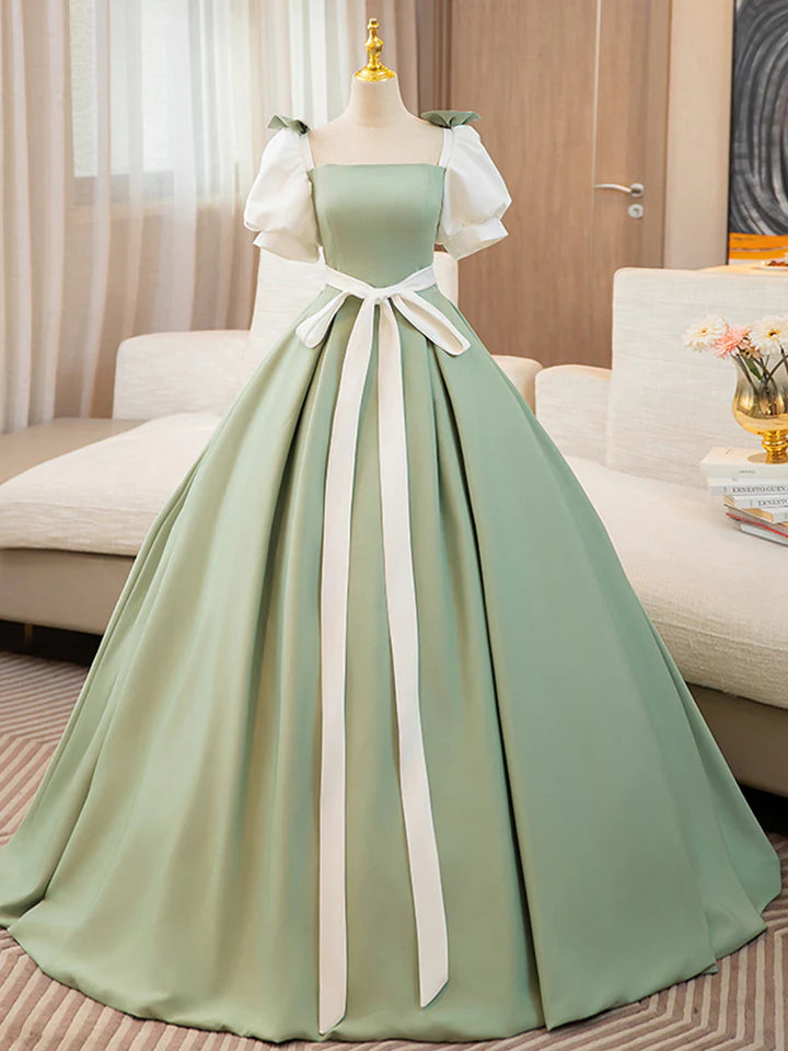 Athleisure Wear Special Offer A-line  Prom Dress Puff Sleeves Satin Color Blocking Long Lace up Fresh lovely Dress