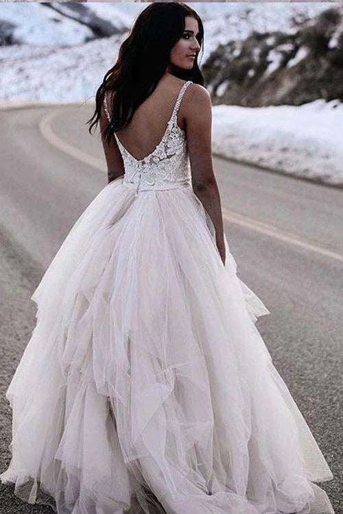 All Season Fashion Collection Chic Straps Lace Top Backless Tulle Asymmetrical Ivory Wedding Dresses Bridal Dresses