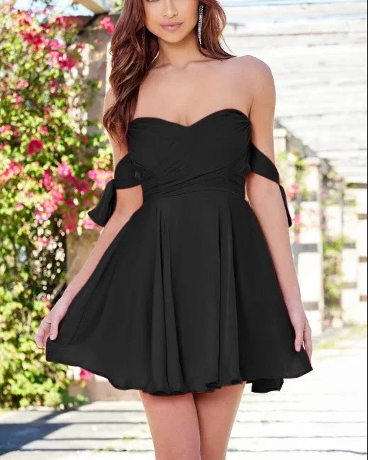 Budget-Friendly Fashion Evening Dress Satin Sweetheart Neckline Draped Off The Shoulder Tied Arm Sleeves Hidden Back Zipper Backless Short skirt Black Formal Dress