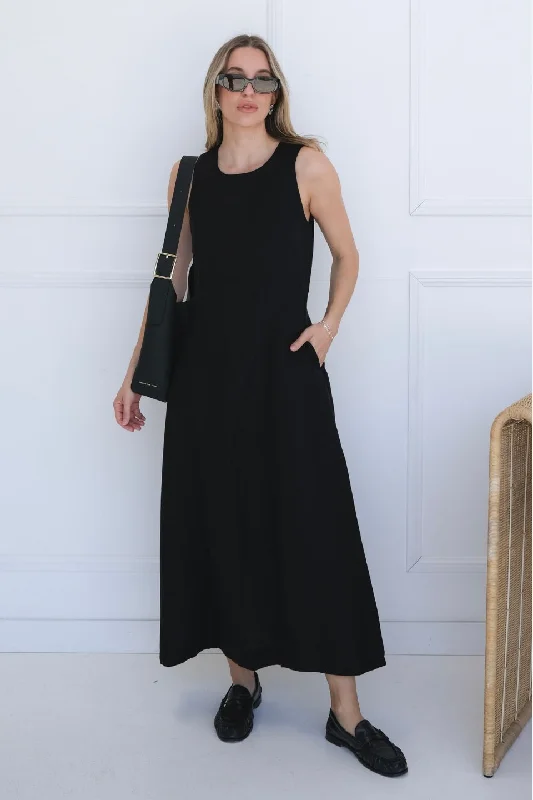 Trendy Pulse Easygoing Black Linen Blend Sleeveless Crew Neck Midi Dress