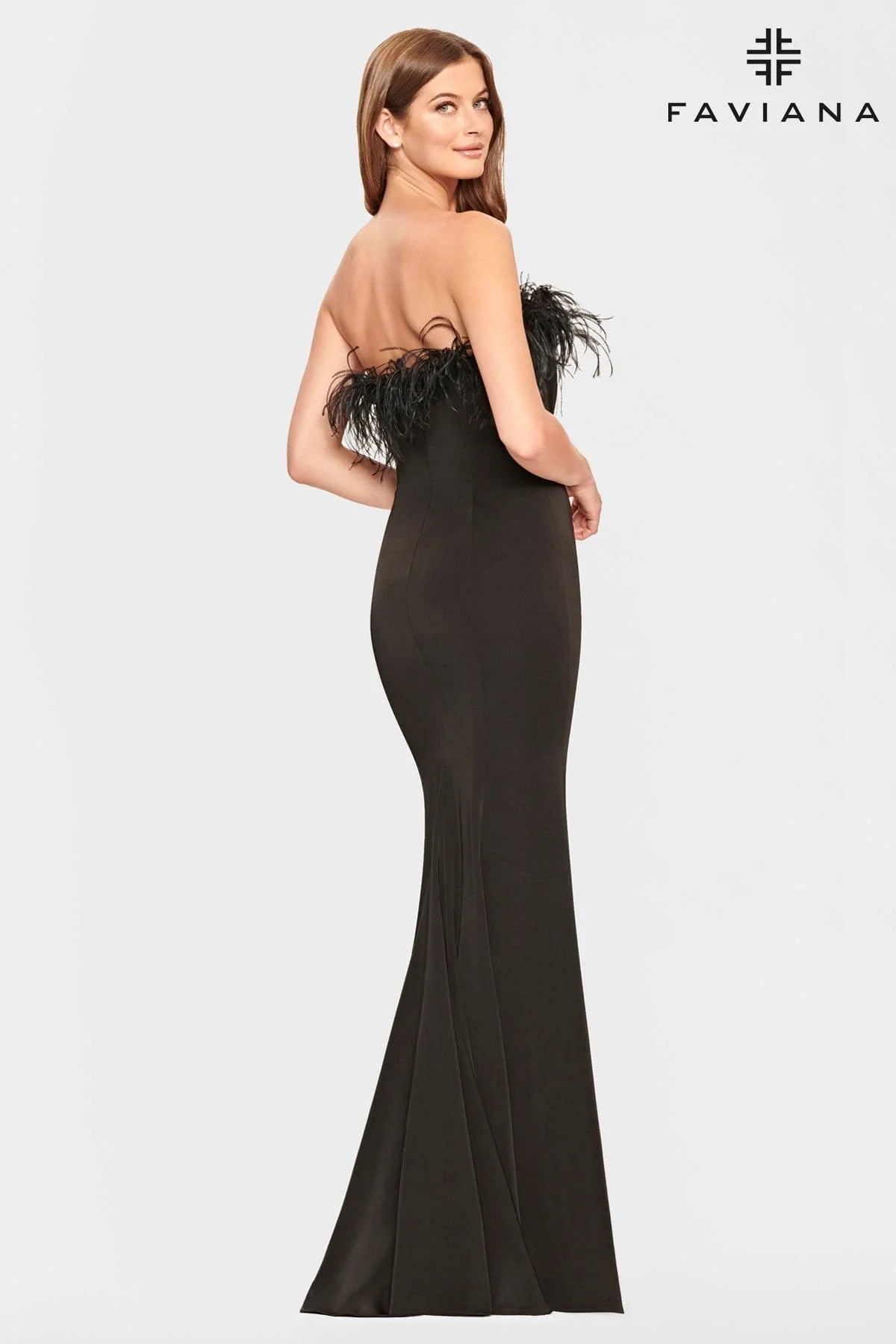 Effortless Grace Faviana 10851 Strapless Feather Gown | Black, Ivory