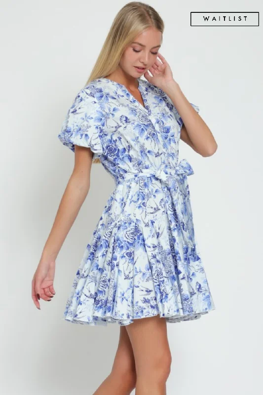 Embrace New Fashion Waitlist 2/15 ♥ Winona Short Bubble Sleeve Waist Tie  Floral Print Mini Dress Blue