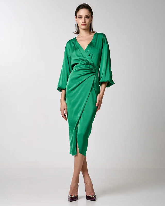 Graceful Cut Access Fashion Green Wrap Midi Satin Dress With Pleats