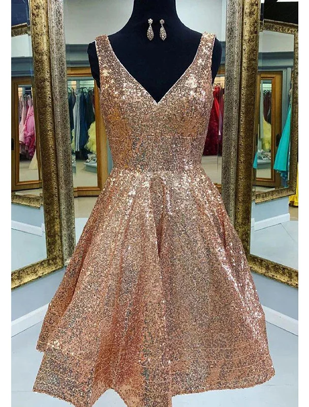 Fresh Styles, Fresh Deals A-Line Homecoming Dresses Sparkle & Shine Dress Graduation Tea Length Sleeveless V Neck Pink Dress Sequined with Sequin