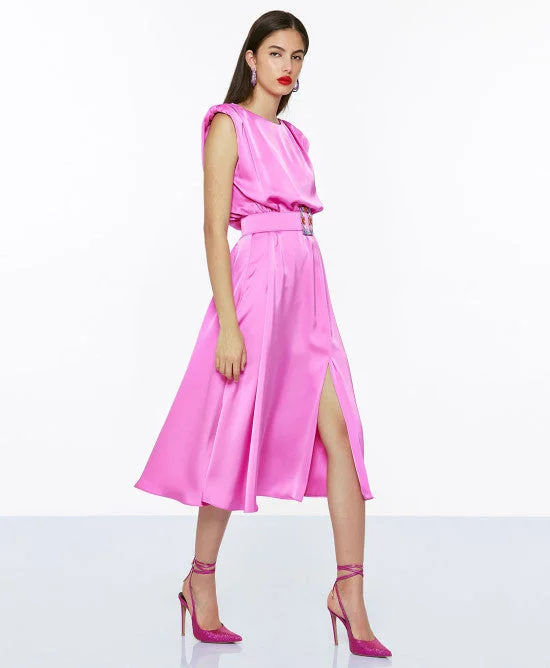 Vintage Elegance Access Pink Pink Midi Satin Dress With Belt