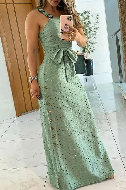 Hollywood Glam Award - Show Style Solid Color Unique O-ring Design Multi-Button Bowknot Maxi Dress