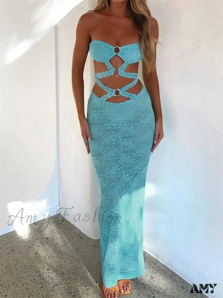 Popular Collection Amy Fashion - Sexy Women  Lace Hollow-Out Strapless Off Shoulder Tube Summer Backless Fashion Party Female Vestidos