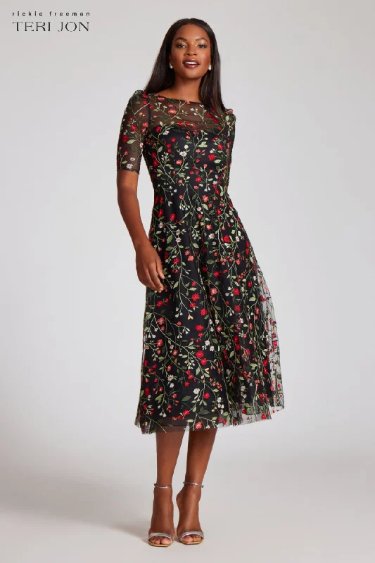 Trendy Street Style Attire Floral Embroidered Tulle Midi Dress