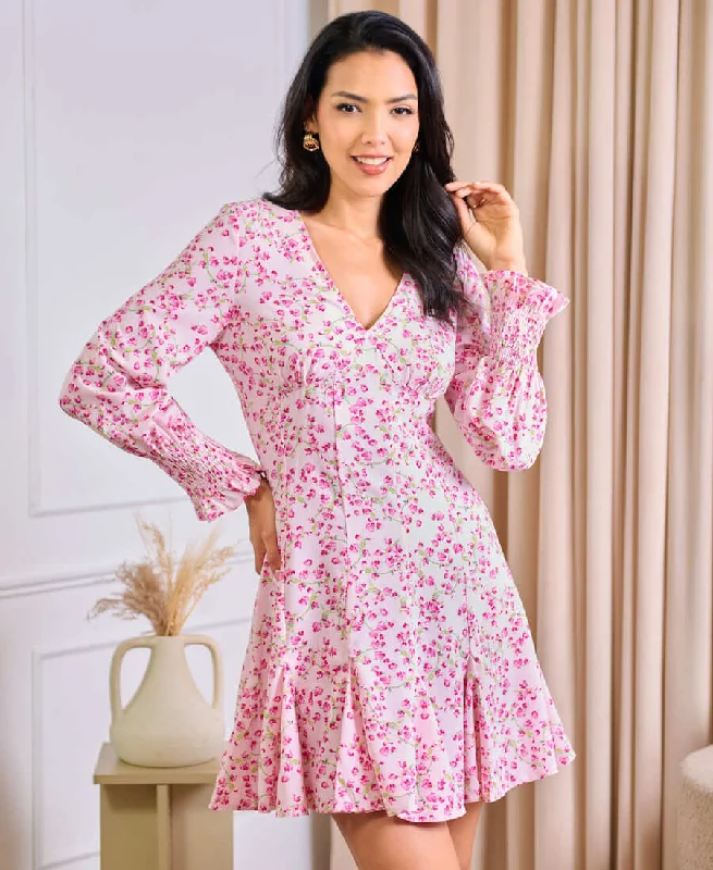 Stylish Looks Pink Floral Long Sleeve Godet Mini Tea Dress