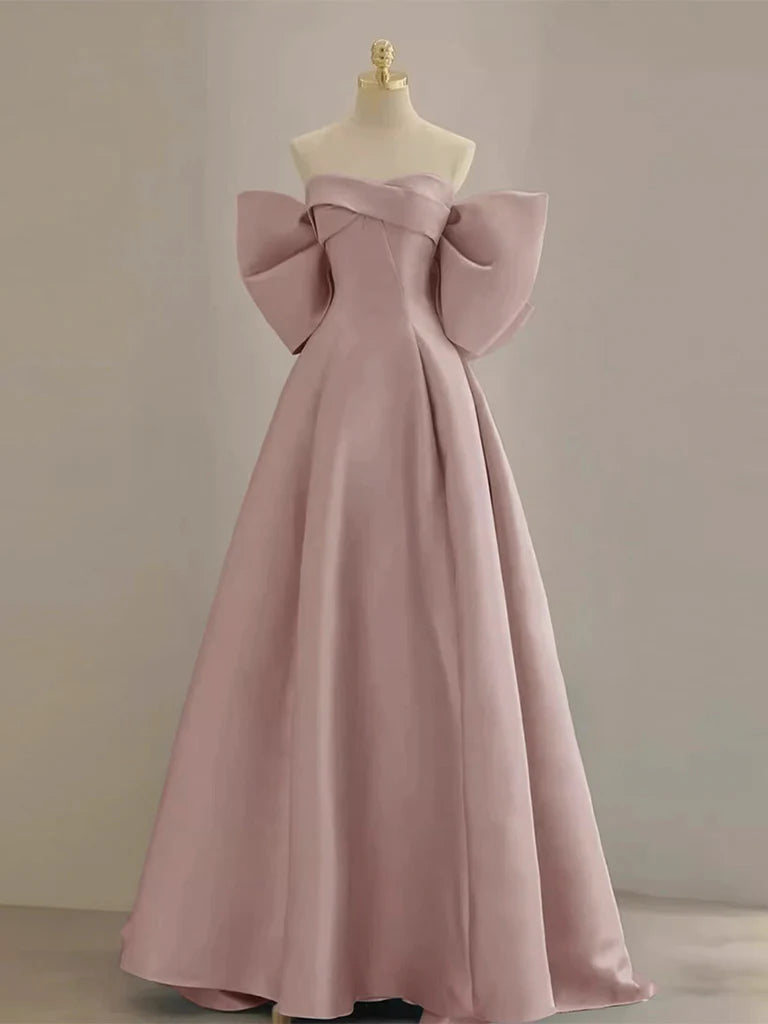 Season Sale A-Line Satin Big bow Long Satin Evening Dresses