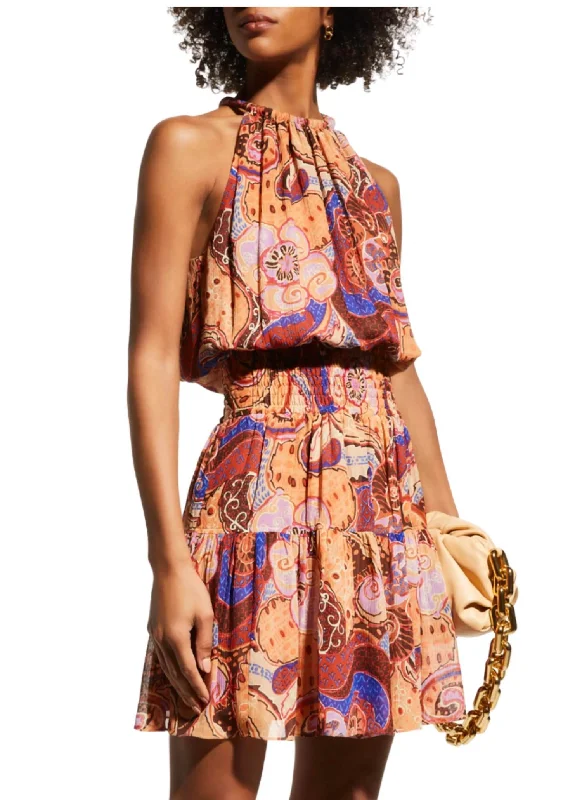 Embrace New Fashion Cory Paisley High-Neck Mini Dress In Terracotta Cobalt Multi