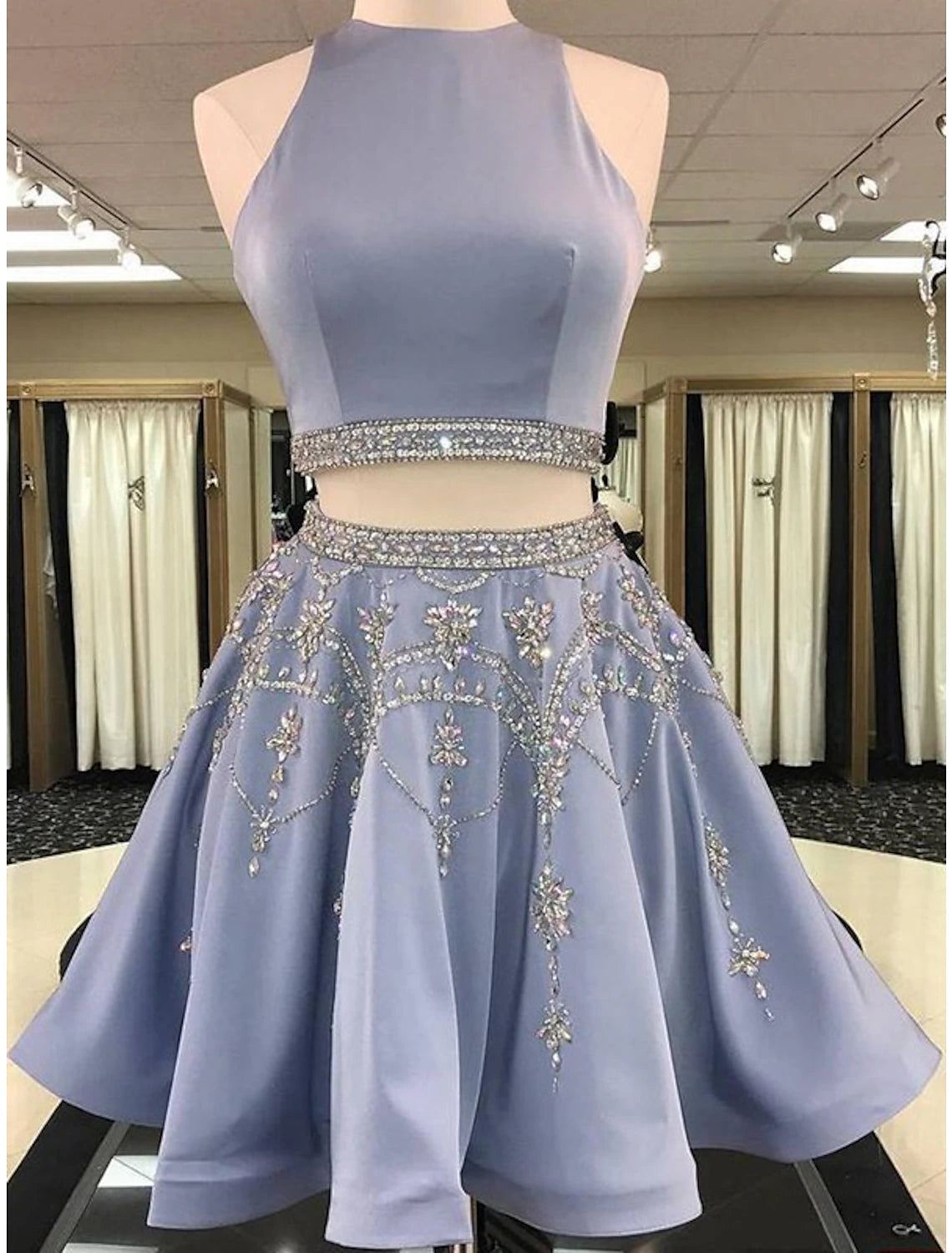 Gift Ideas Two Piece Homecoming Dresses Elegant Dress Holiday Short / Mini Sleeveless Jewel Neck Satin with Beading