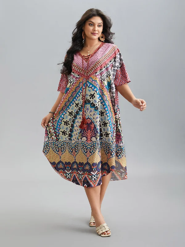 Classic Timeless Elegant Style Boho Print Ties Slit Curved Hem Midi Dress