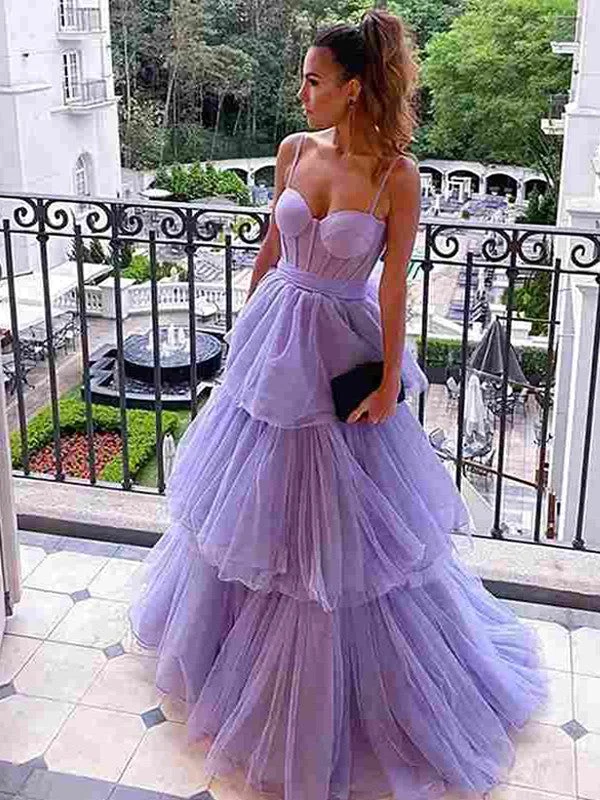 Summer Fashion A-Line/Princess Tulle Layers Spaghetti Straps Sleeveless Floor-Length Dresses