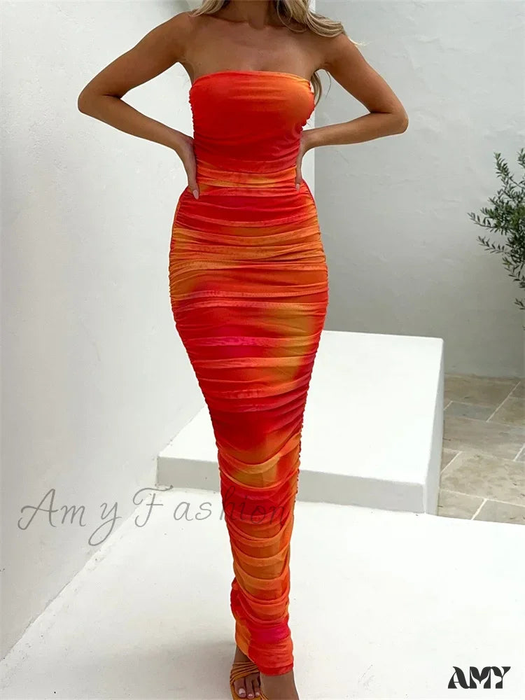 Elevate Your Wardrobe Amy Fashion - Tie Dyeing Print Strapless Tube  for Women  Sexy Off Shoulder Party Slim Ruched  Female Vestidos